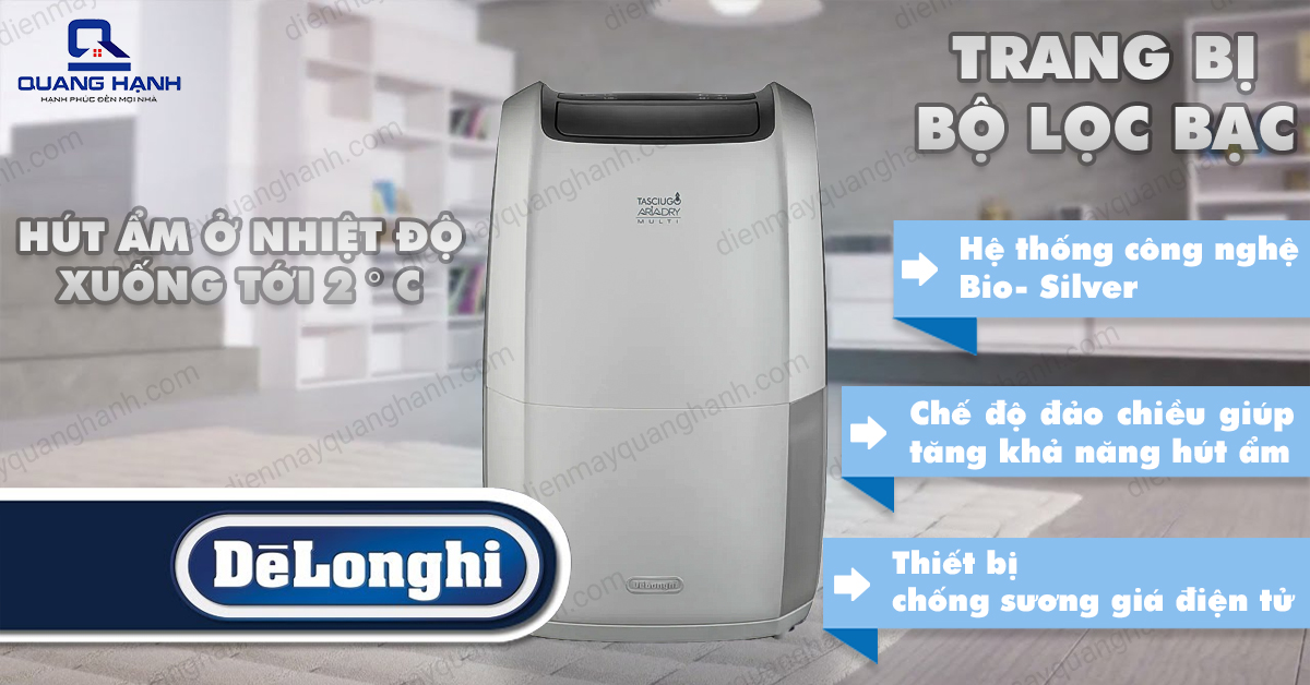 Máy hút ẩm Delonghi DDSX225 hút ẩm ở môi trường nhiệt độ xung quanh tới 2 độ C, trang bị bộ lọc bạc Bio Silver